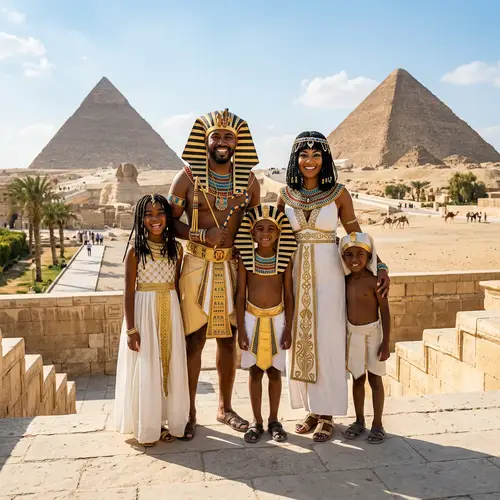 Family in Pharaoh Style with Pyramids Background