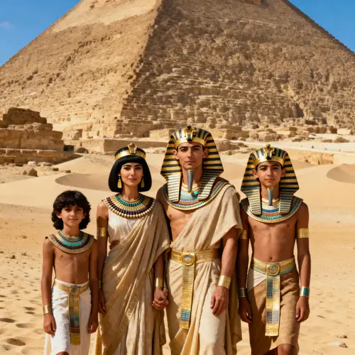 Family in Pharaoh Style with Pyramids Background