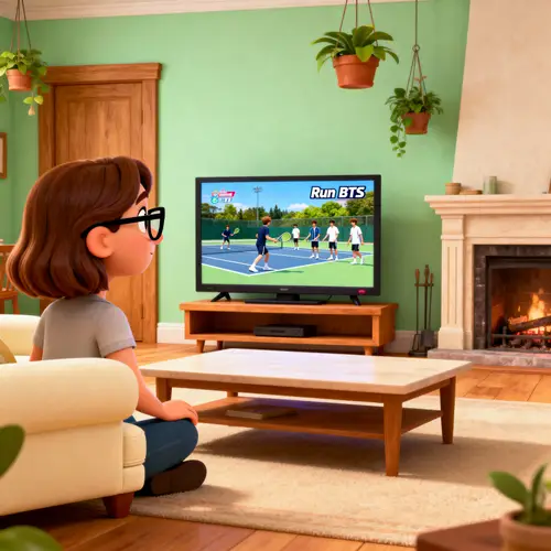 Cozy Home Moment: Young Woman Watching BTS TV Show