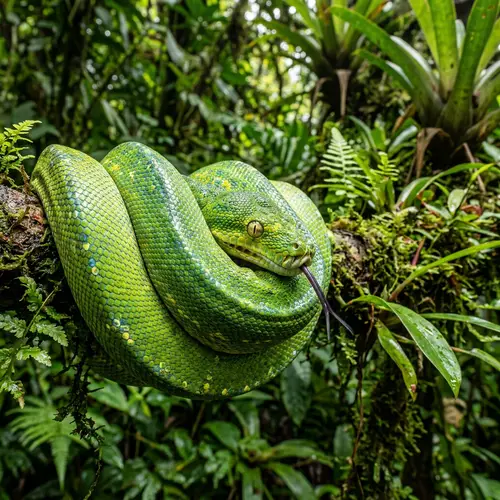 Vibrant Coiled Serpent in Lush Rainforest | Exotic Wildlife Encounter