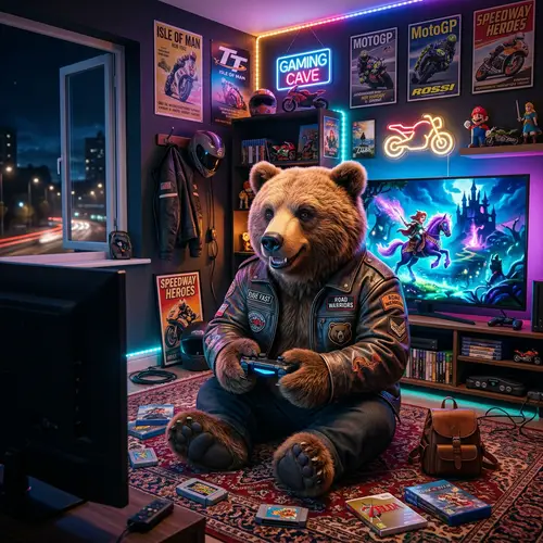 Epic Gaming Adventures with a Bear in Neon Glow