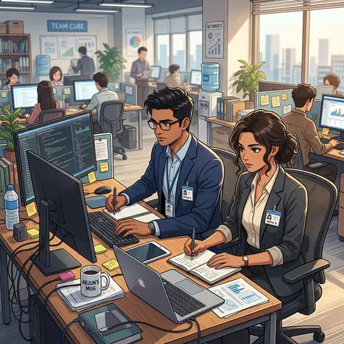 Professional South-Asian Man & Hispanic Woman in Modern Office Setting