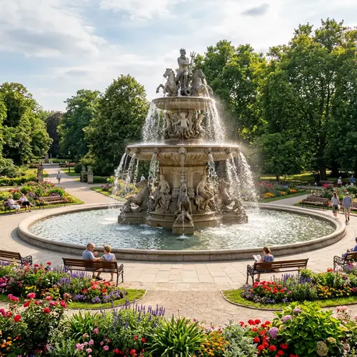 Soothing Large Water Fountain with Statues and Cascading Water