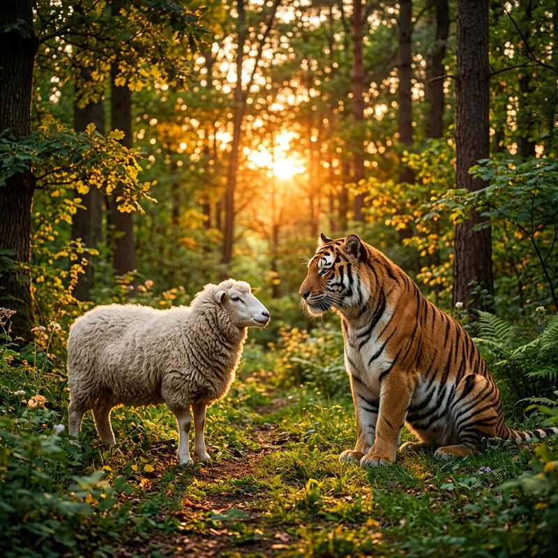 Serene Chat Between Sheep and Tiger in Lush Forest
