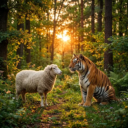 Sheep and Tiger Friendly Interaction in Forest