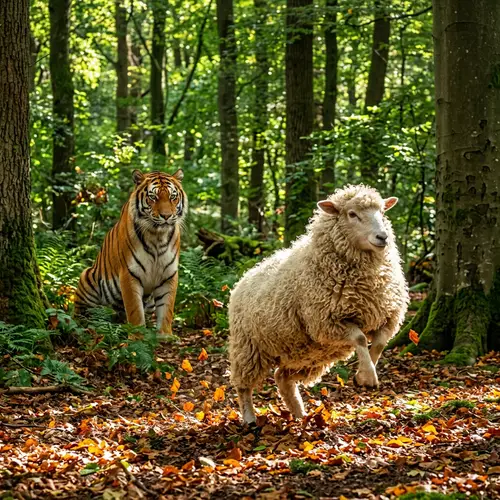 Dancing Sheep Meets Fierce Tiger - Enchanting Forest Encounter