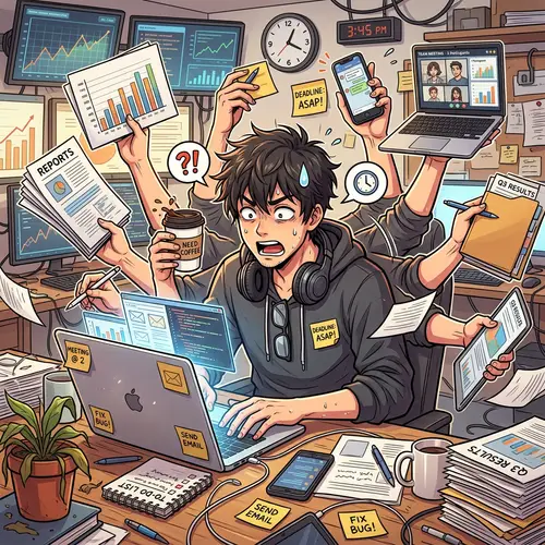 Overwhelmed Man Juggles Tasks in Anime Style