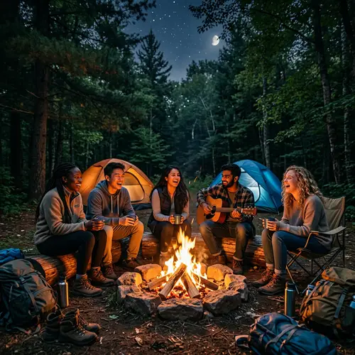 Youthful Camaraderie by the Campfire: Adventure in the Woods