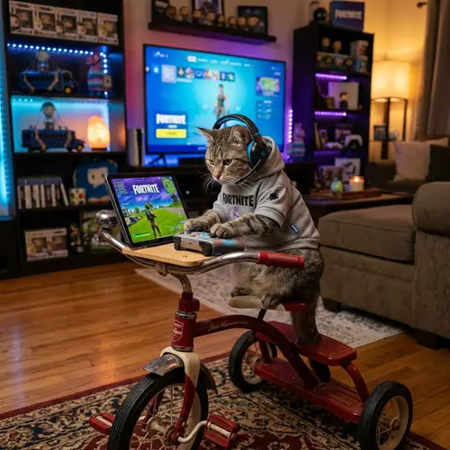 Cat on Tricycle Playing Fortnite