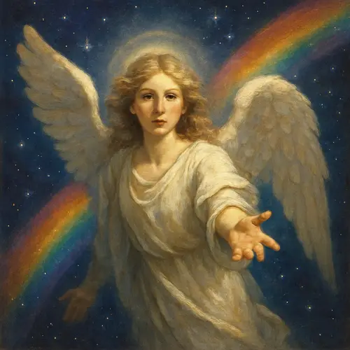 Cosmic Angel Reaching Out with Rainbow Touch