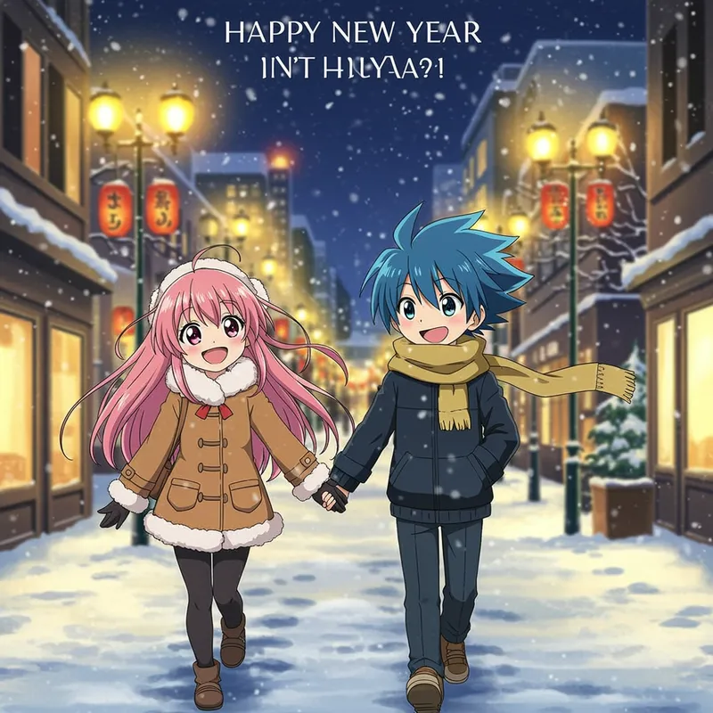 Anime New Year Card: Kids in a Snowy City