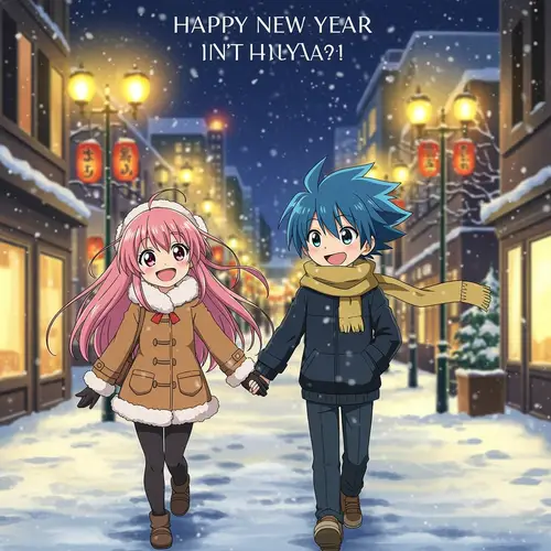 Anime New Year Card: Kids in a Snowy City