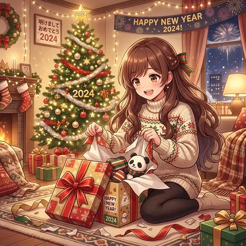 Anime Girl Unwrapping Christmas Gift - Festive Artwork
