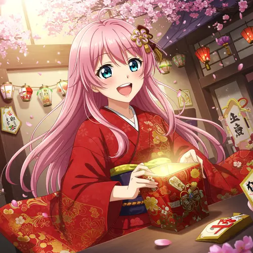 Anime Girl Unwrapping Christmas Gift - Festive Artwork