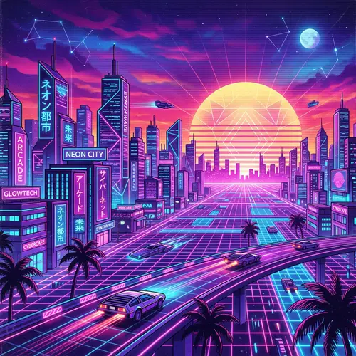 Futuristic Neon Cityscape in Synthwave Style
