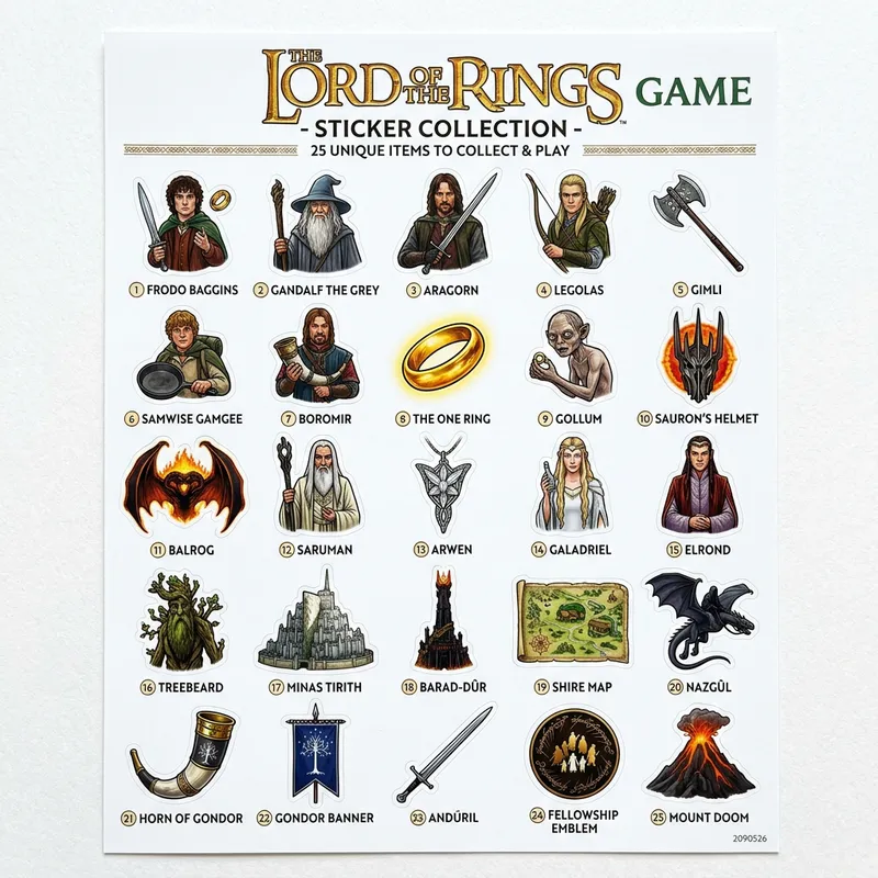 Lord of the Rings Stickers Game - 25 Unique Items