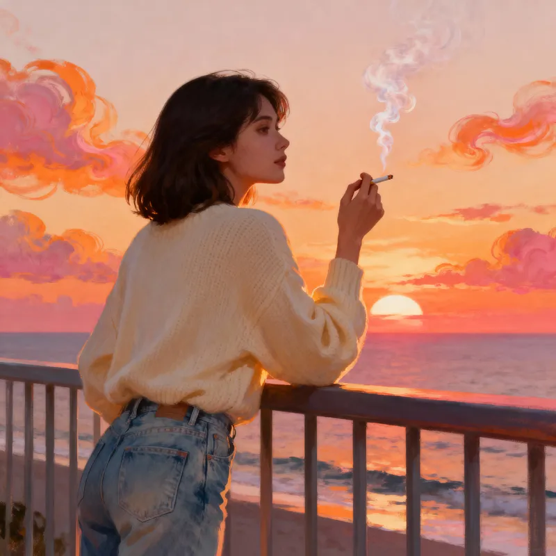 Female Character Smoking at Sunset
