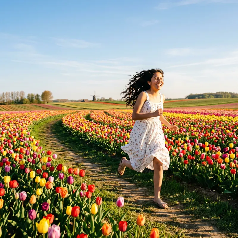Smiling Teenage Girl Running in Tulip Field Smiling Teenage Girl Running in Tulip Field