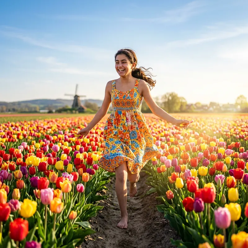 Smiling Teenage Girl Running in Tulip Field Smiling Teenage Girl Running in Tulip Field