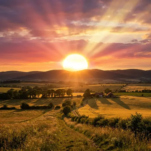 Golden Sun Setting: Radiant Landscape in Warm Colors
