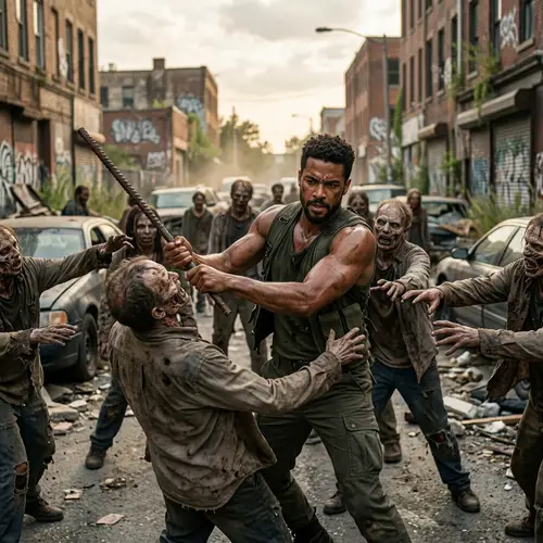 Muscular Male Battling Zombies - Action Scene