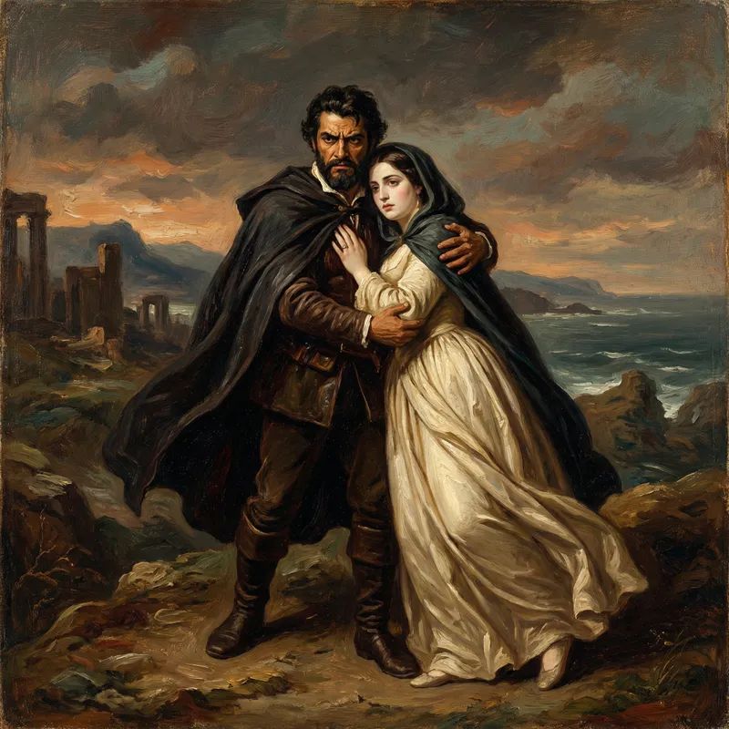 Muscular Man Embracing Busty Woman - Romantic Painted Scene
