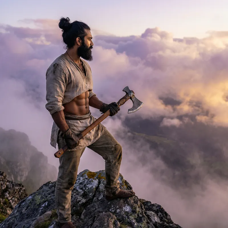 Spiritual South Asian Man on Fantastical Mountain with Impressive Muscular Form and Axe