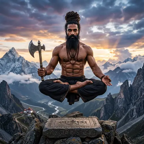 Spiritual Indian Levitating in Lotus Position on a Mountain