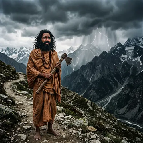 Aesthetic Angry Man with Black Moustache and Beard Holding Axe in Rishi Style