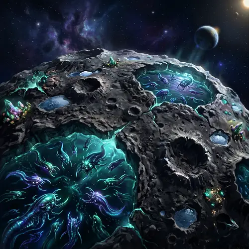 Astroid with Glowing Sea Enemies - A Visual Adventure