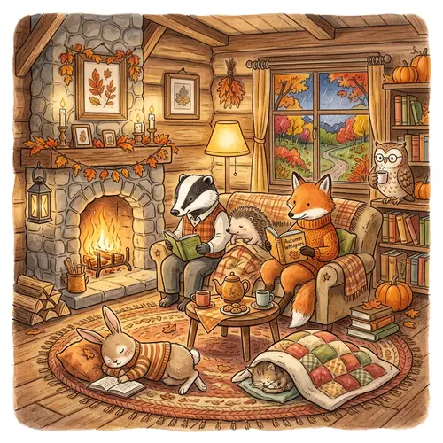 Cozy Woodland Animals in Autumn Illustration