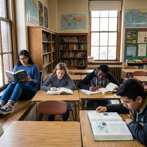 Diverse Group of Students Engrossed in Books | Classroom Setting