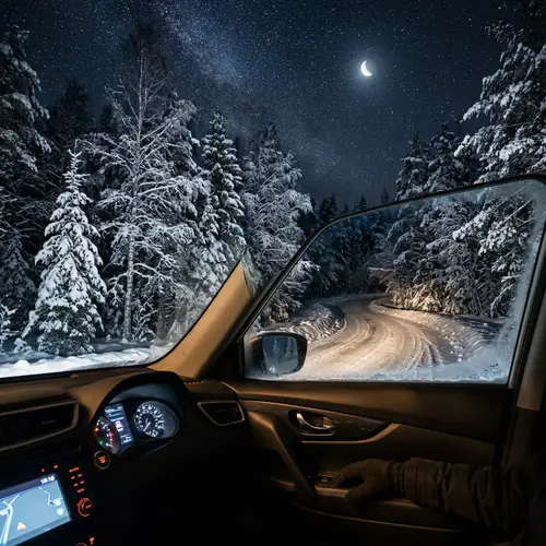 Winter Night Forest View | Serene Moonlit Car Ride