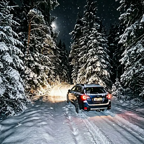 Night Forest Winter Drive: Car Through Snowy Path