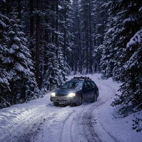 Car Driving on Snowy Trail in Dark Forest