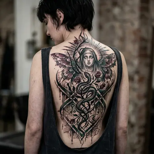 Seductive and Androgynous Vertical Back Tattoo Design