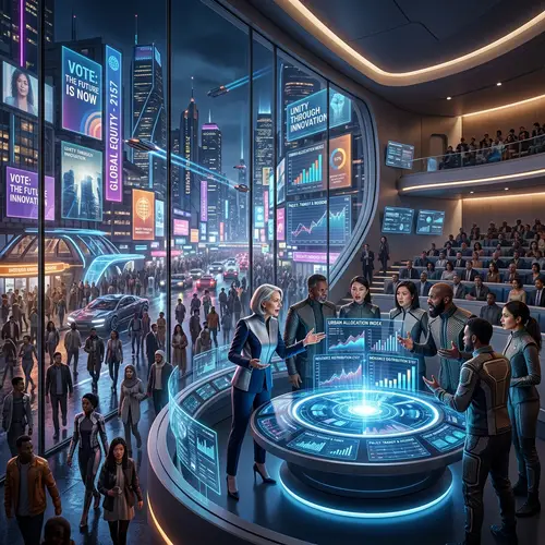 Futuristic Political Environment: Diverse Politicians and Holographic Billboards