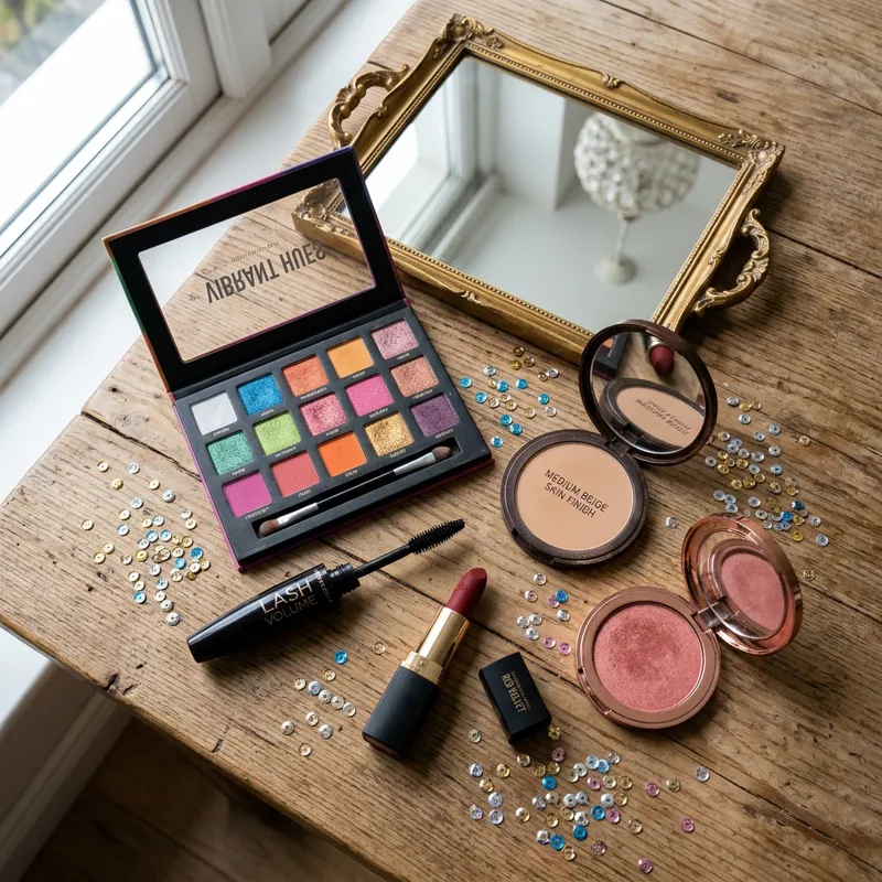 Vibrant Makeup Collection on Wooden Surface | Beauty Essentials