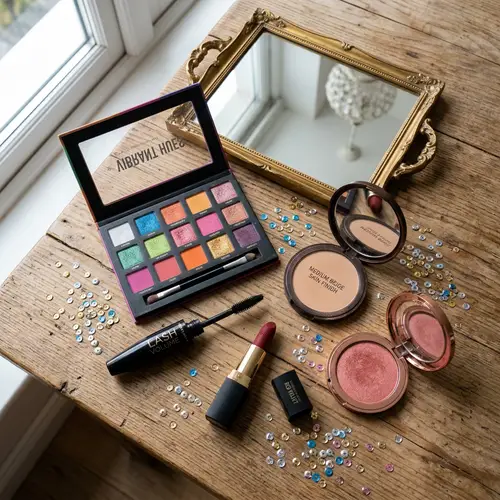 Vibrant Makeup Products on Wooden Surface | Beauty Essentials