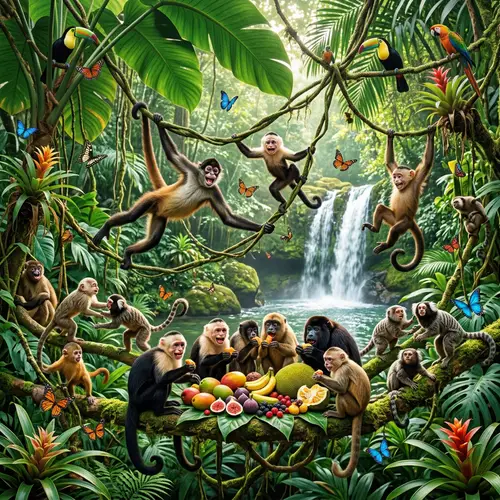 Lively Monkey Party in Lush Tropical Forest