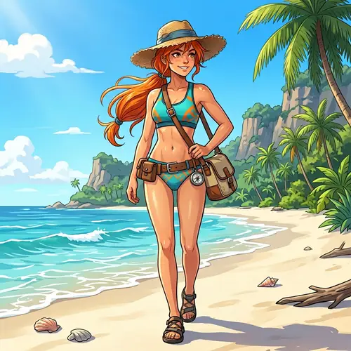 Youthful Female Adventurer with Vibrant Orange Hair on Sunny Beach