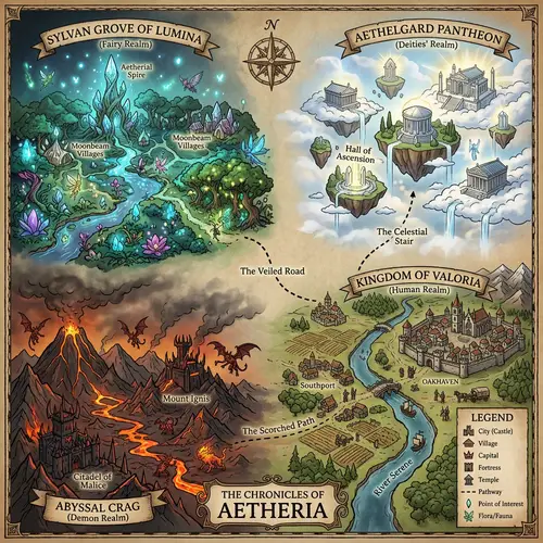 Fantasy Video Game 2D Map: Fairies, Demons, Deities & Humans