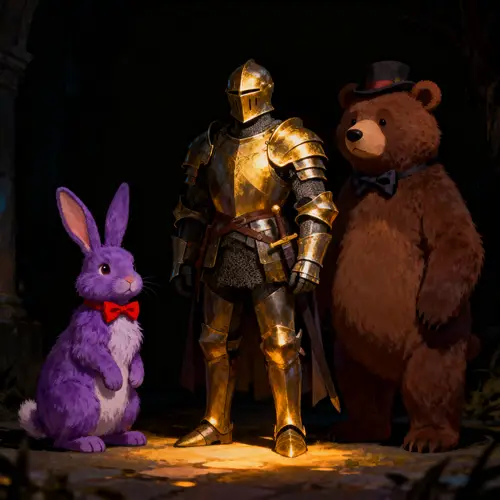 Knight with Bear and Rabbit in the Dark