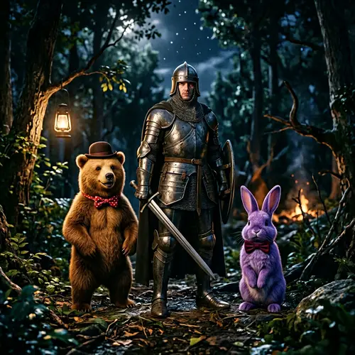 Knight with Bear and Rabbit in the Dark