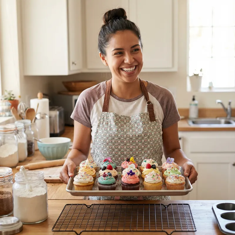 Blissful Hispanic Woman Holding Scrumptious Cupcakes Blissful Hispanic Woman Holding Scrumptious Cupcakes