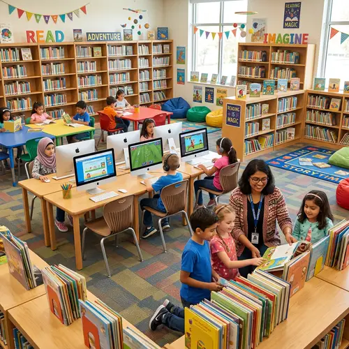 Colorful Children's Library | Books and Computers for Creative Learning