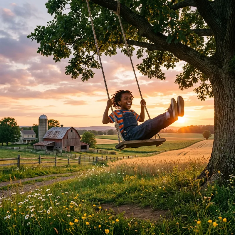 Joyful African American Boy Swinging on Farm