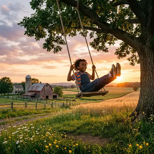 Joyful African American Boy Swinging on Farm