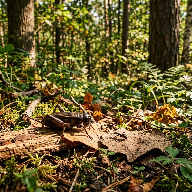 Forest Symphony: Cricket and Ant in Sunlight