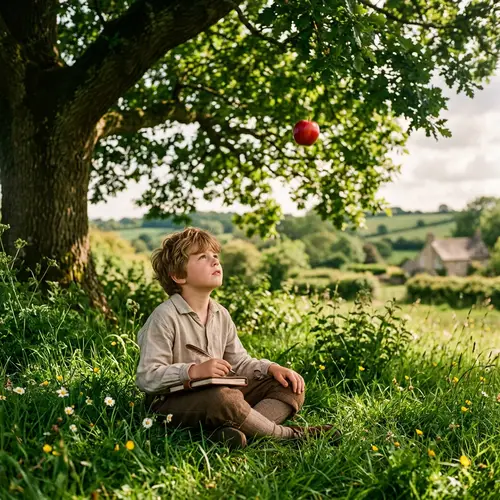 Young Newton Under Tree with Falling Apple